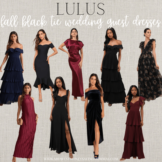 Fall black-tie guest dresses in navy, black and burgundy — floor-length gowns, satin and velvet
