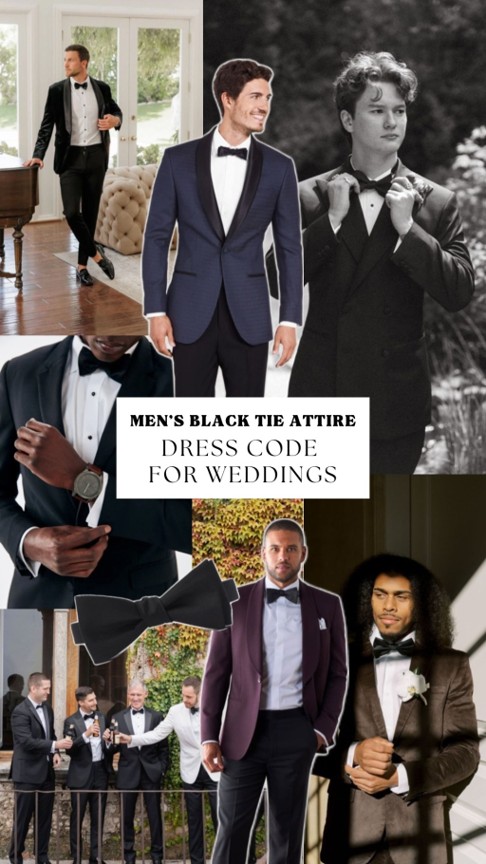 Men's black tie wedding looks — black, navy and plum tuxedos with bow ties