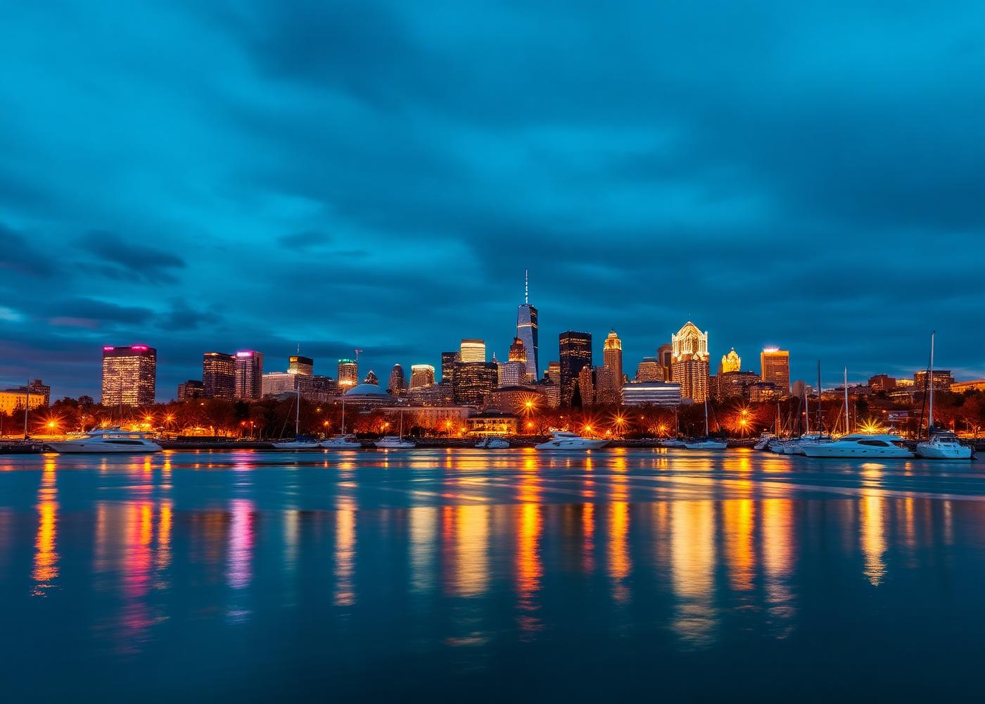 Baltimore harbor skyline reflected in the water at twilight